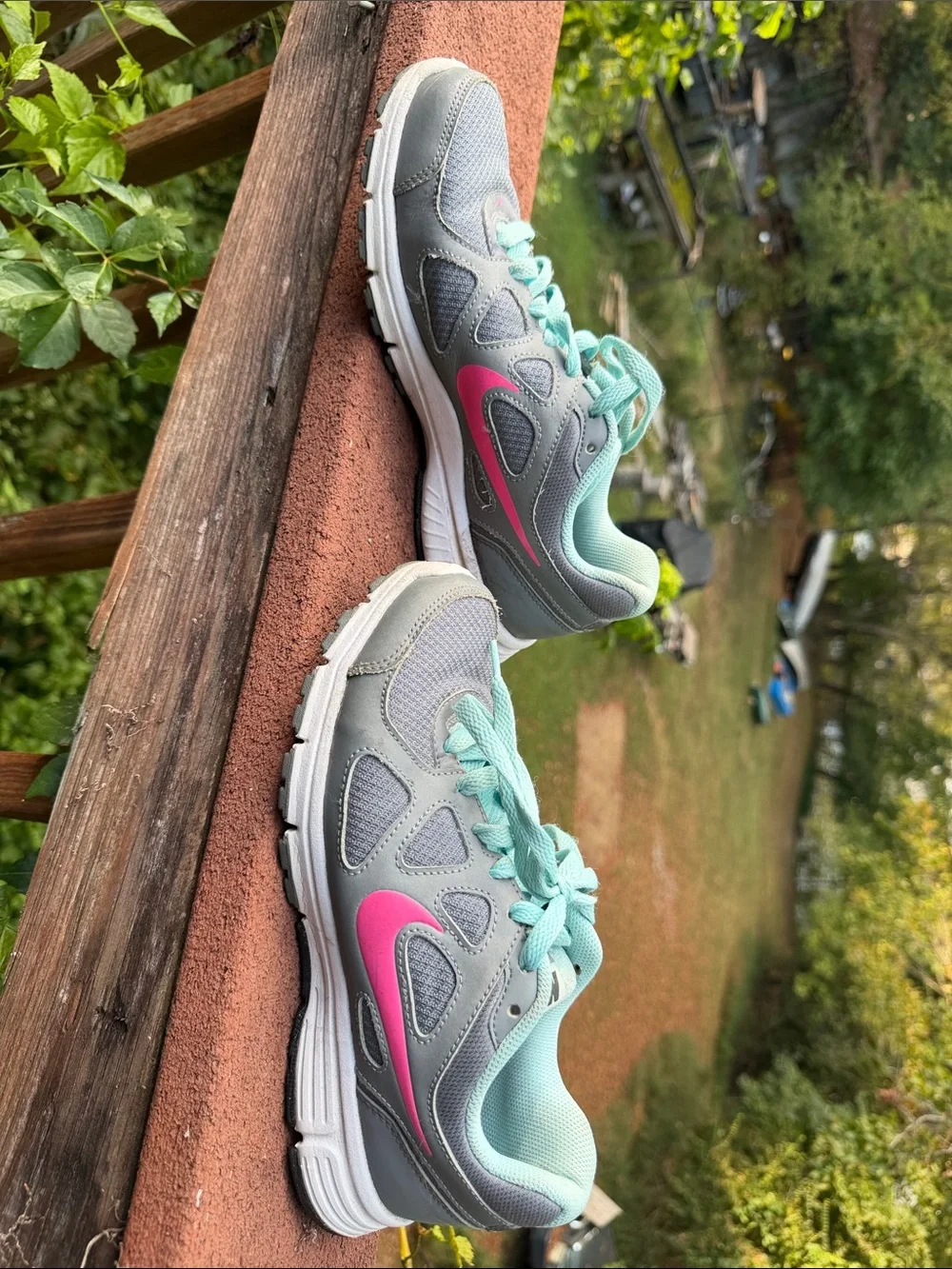 Nike Women's Gray Athletic Sneakers with Pink Swoosh and Mint Laces